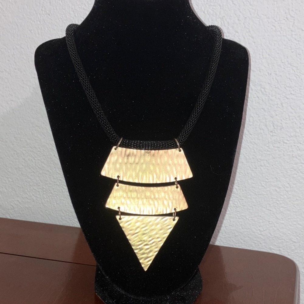 Chunky Gold Geometric Triangle Three Tier Statement Necklace on Black Mesh Chain